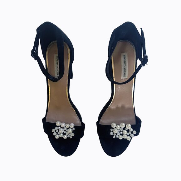 Saks Fifth Avenue Shoes - Saks Fifth Avenue Women Black Suede Block Heel Pearl Embellished Sandal Size 10